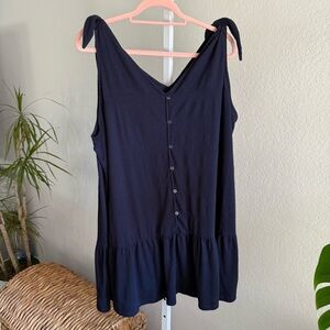 LOFT Navy Bow Tie Flounce Dress Women’s Size XL Sleeveless Faux Button Sundress